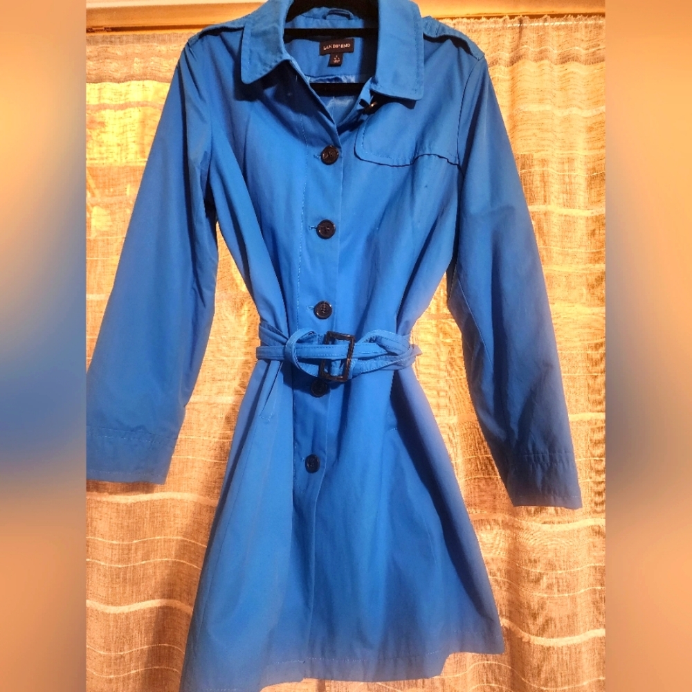 LANDS' END Sz L Women's Belted Blue Trench Coat Single-Breasted Epaulets
